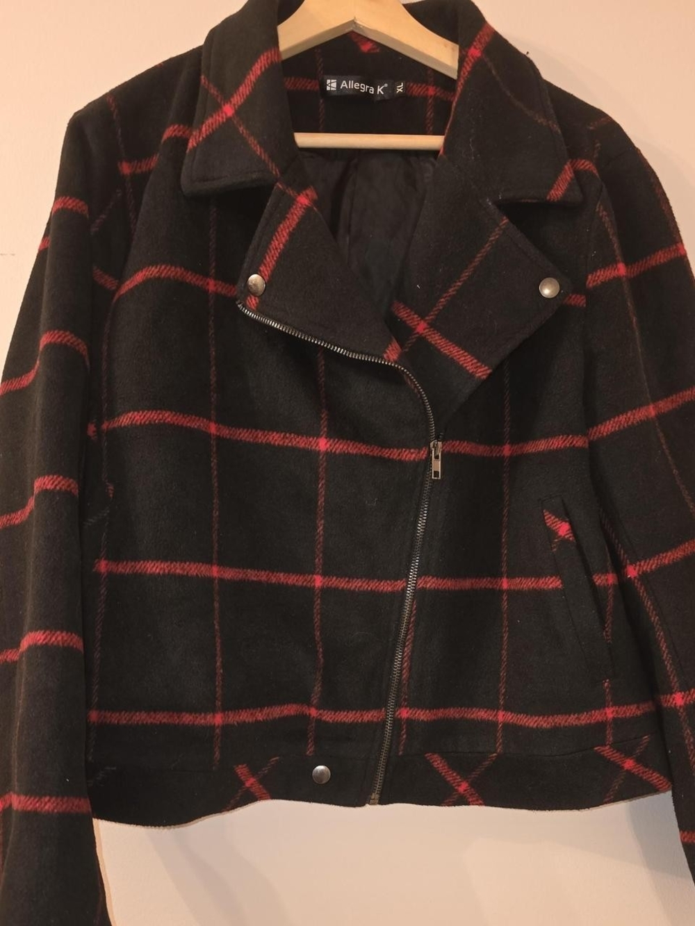 Allegra K Black Jacket with Red Windowpane Plaid